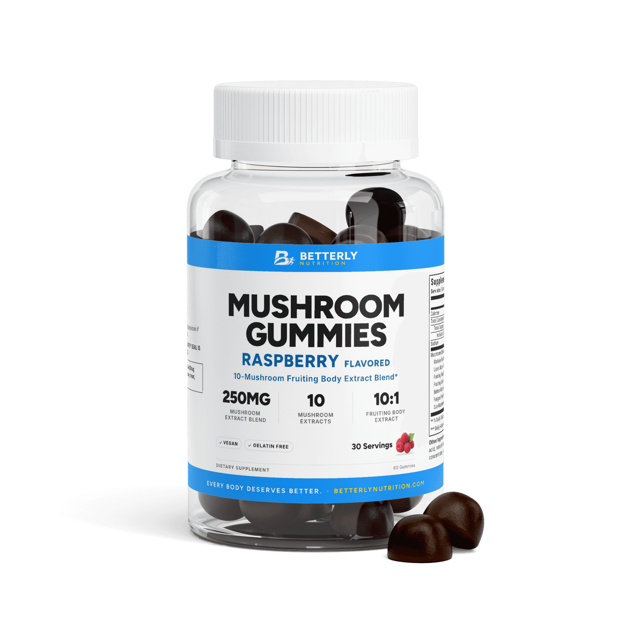 Mushroom Gummies, front label with the contents beside it
