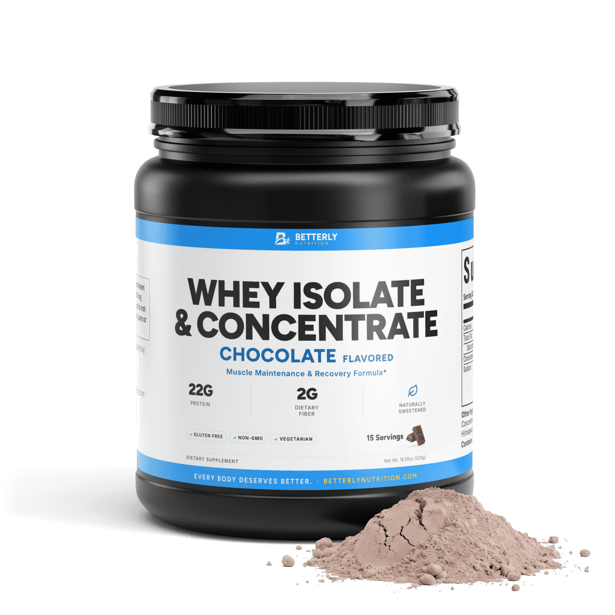 Whey Isolate & Concentrate Blend Powder — Chocolate, front label with the contents beside it