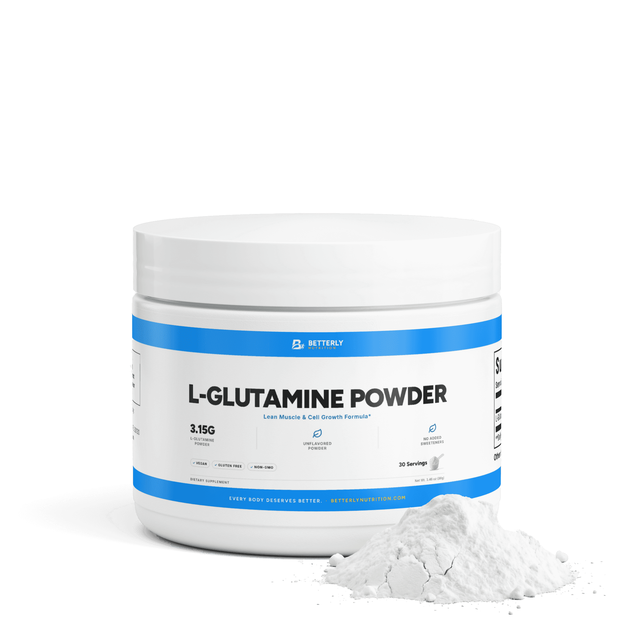 L-Glutamine Powder, front label with the contents beside it