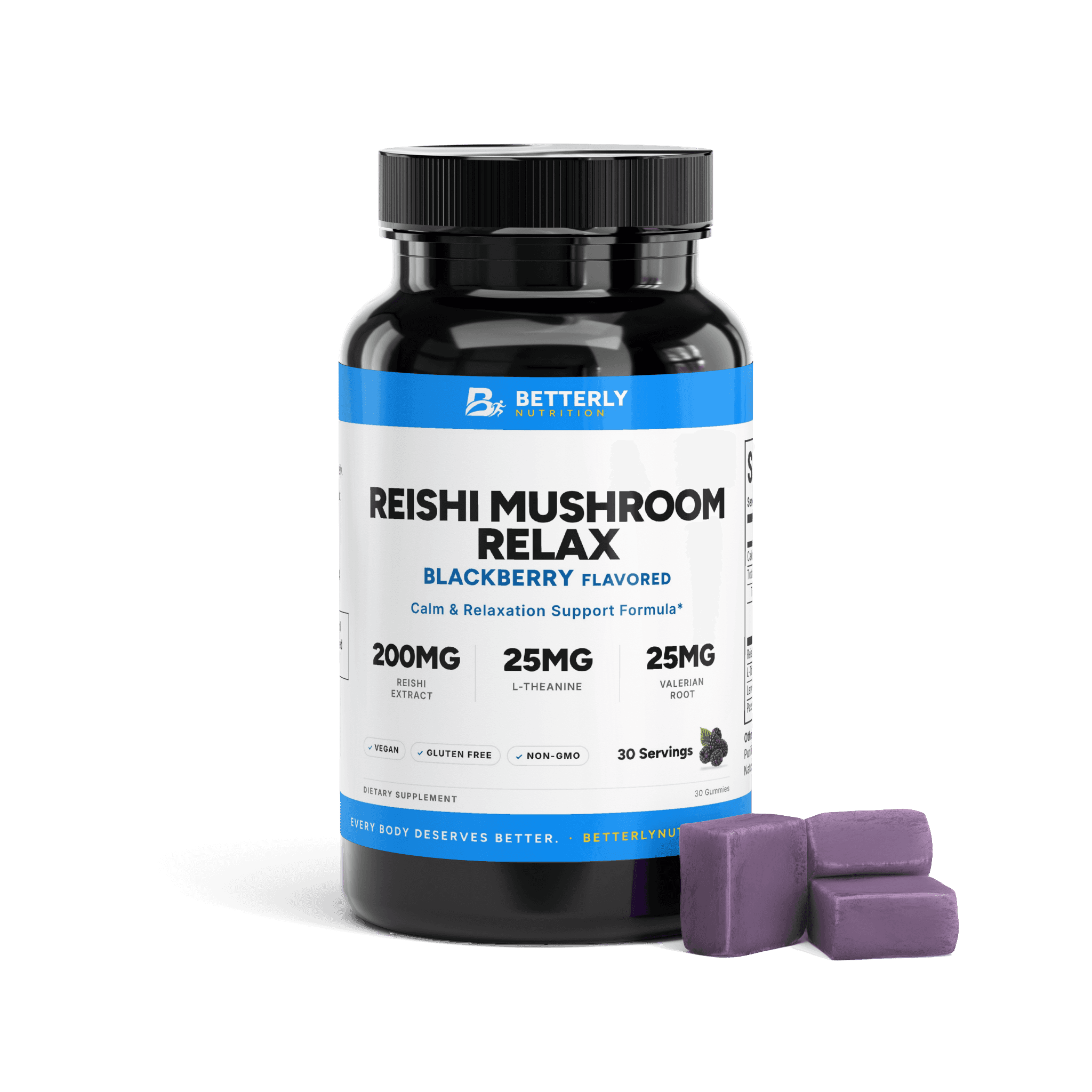 Reishi Mushroom Relax Gummies, front label with the contents beside it