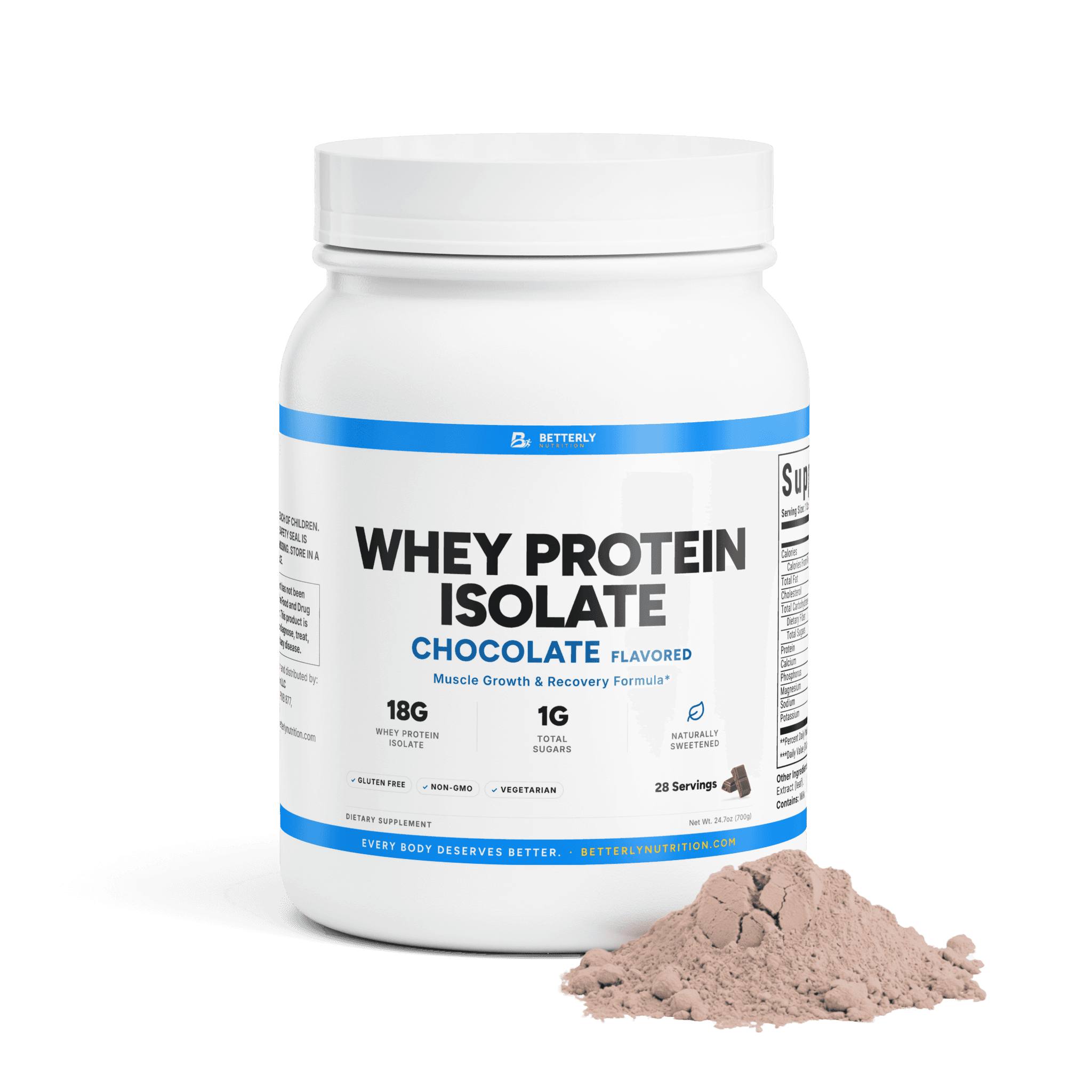 Whey Protein Isolate Powder — Chocolate, front label with the contents beside it