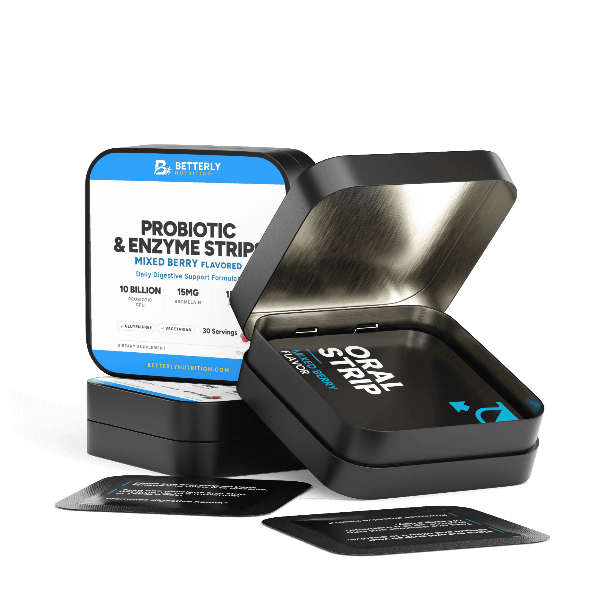 Probiotic & Digestive Enzyme Strips, opened to show the contents