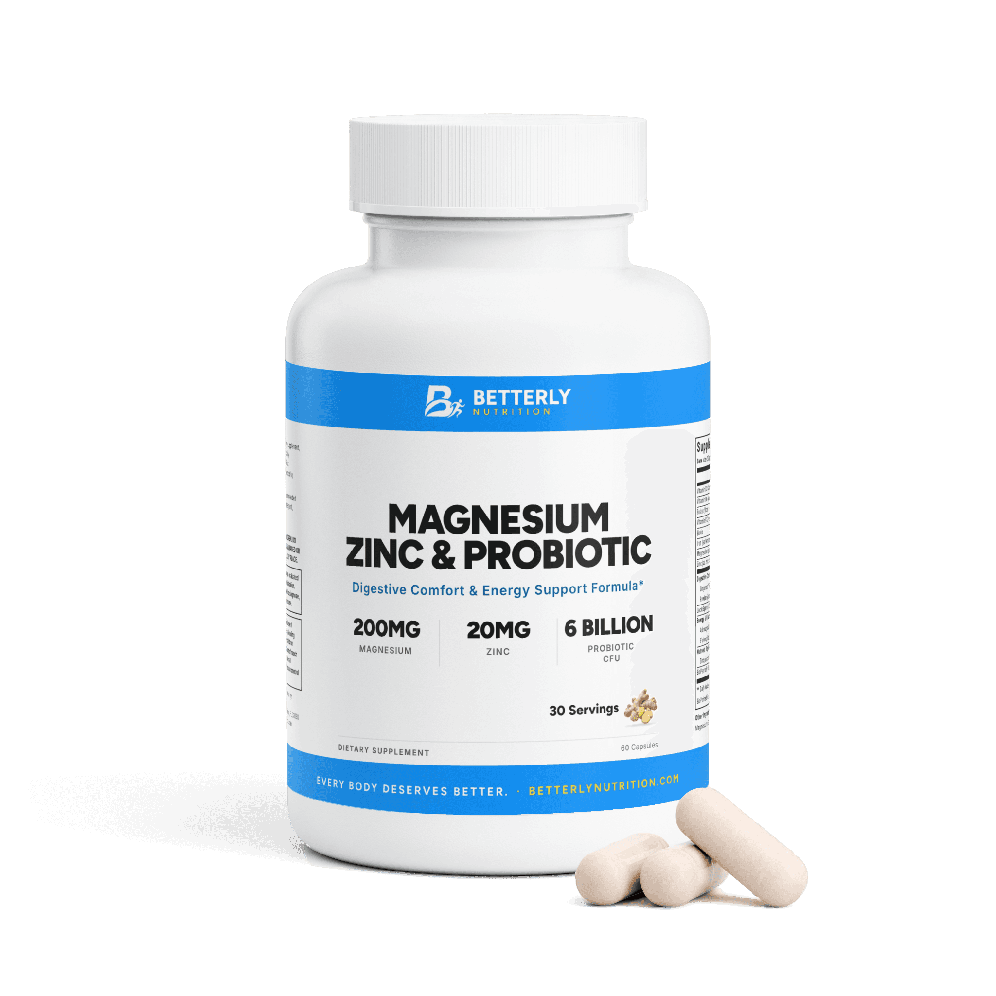 Magnesium, Zinc & Probiotic Capsules, front label with the contents beside it