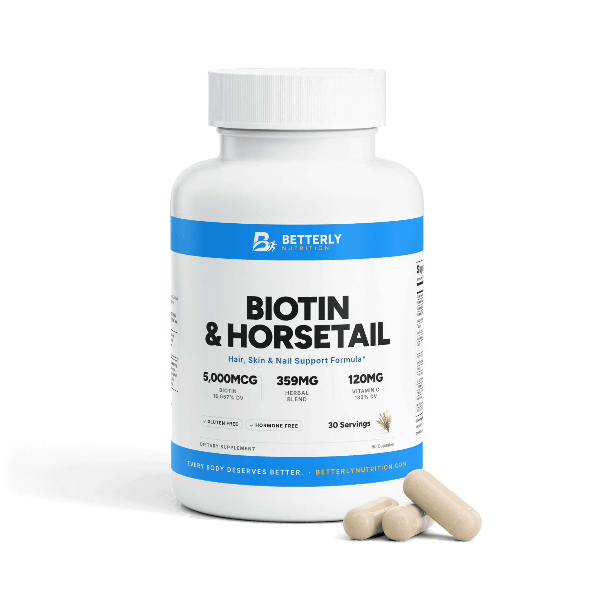 Biotin & Horsetail Hair Capsules, front label with the contents beside it