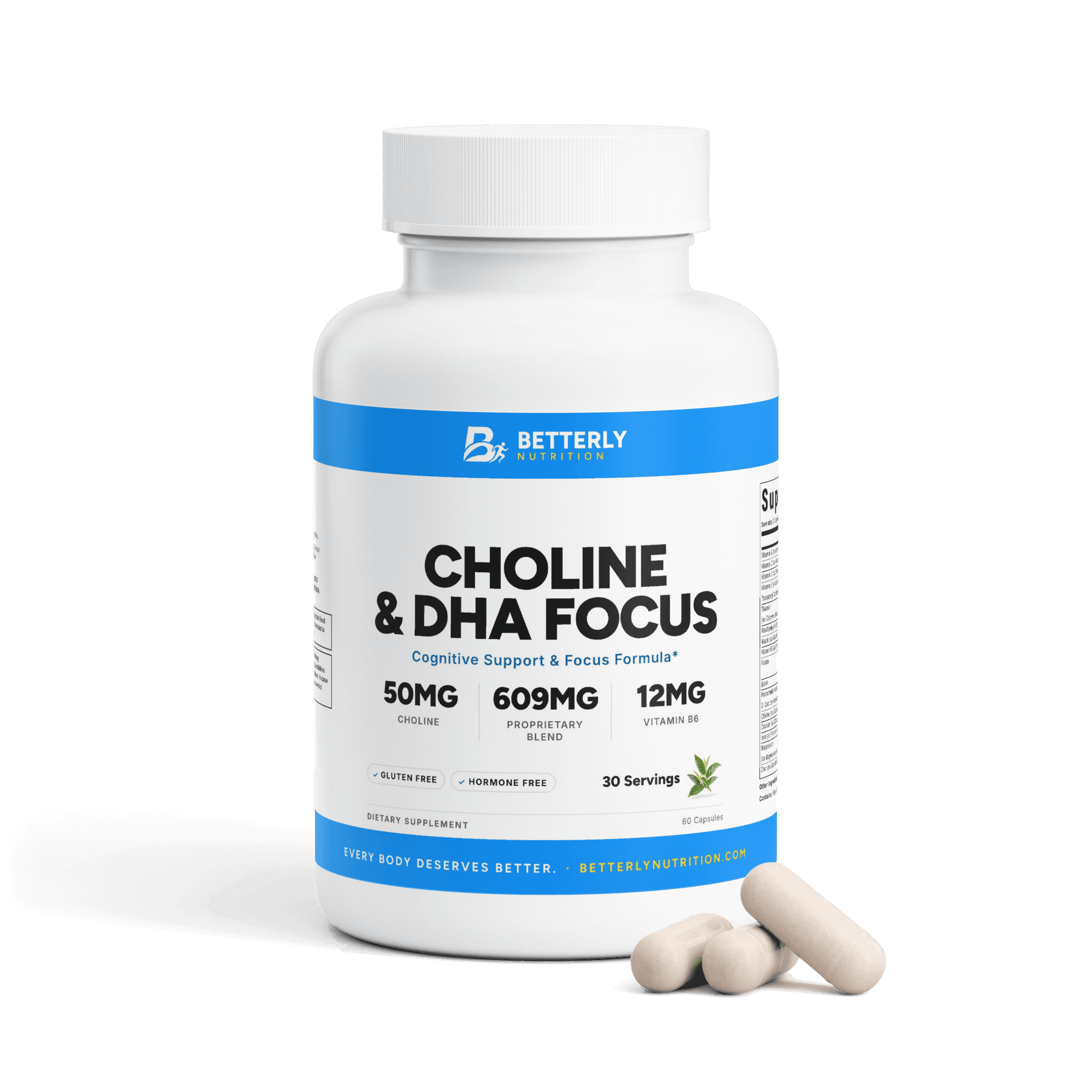 Choline & DHA Focus Capsules, front label with the contents beside it