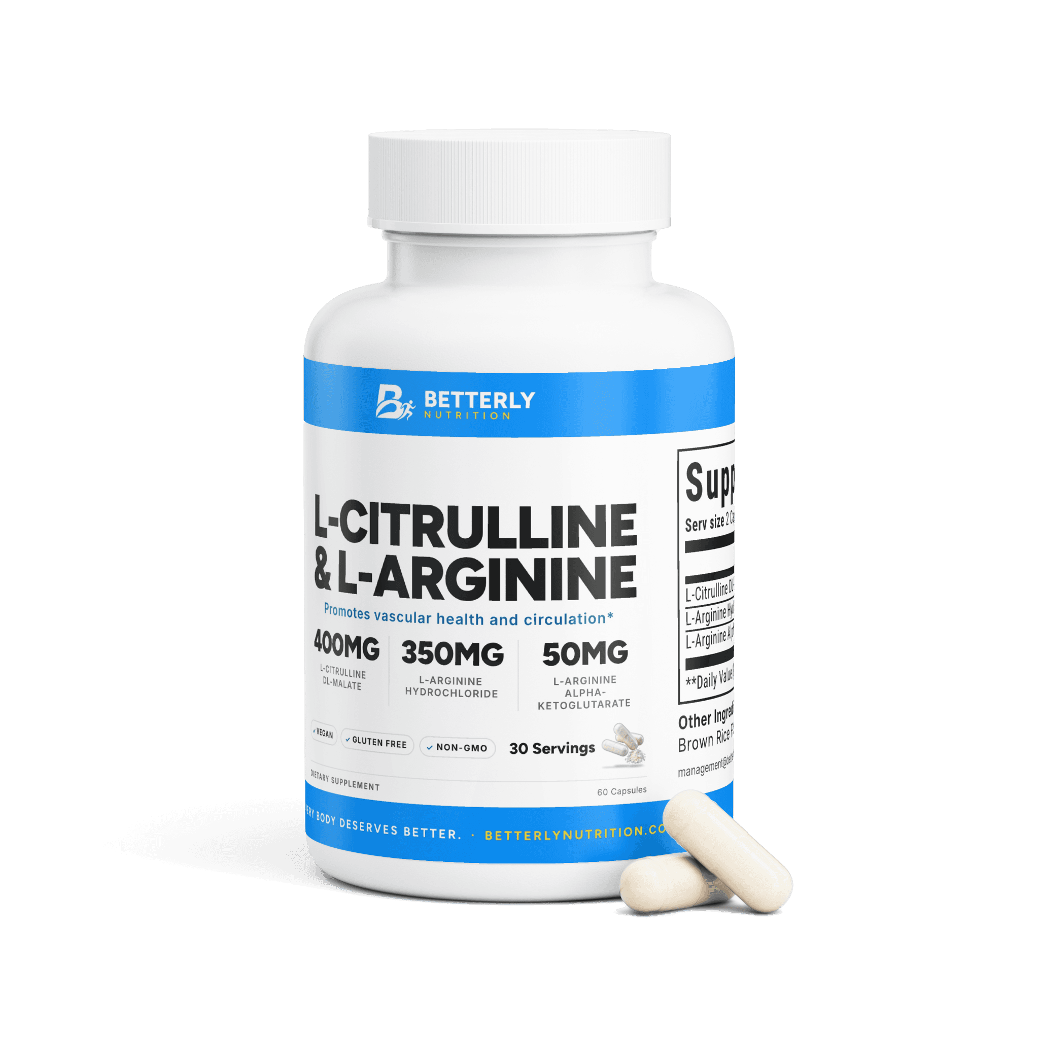 L-Citrulline & L-Arginine Capsules, front label with the contents beside it