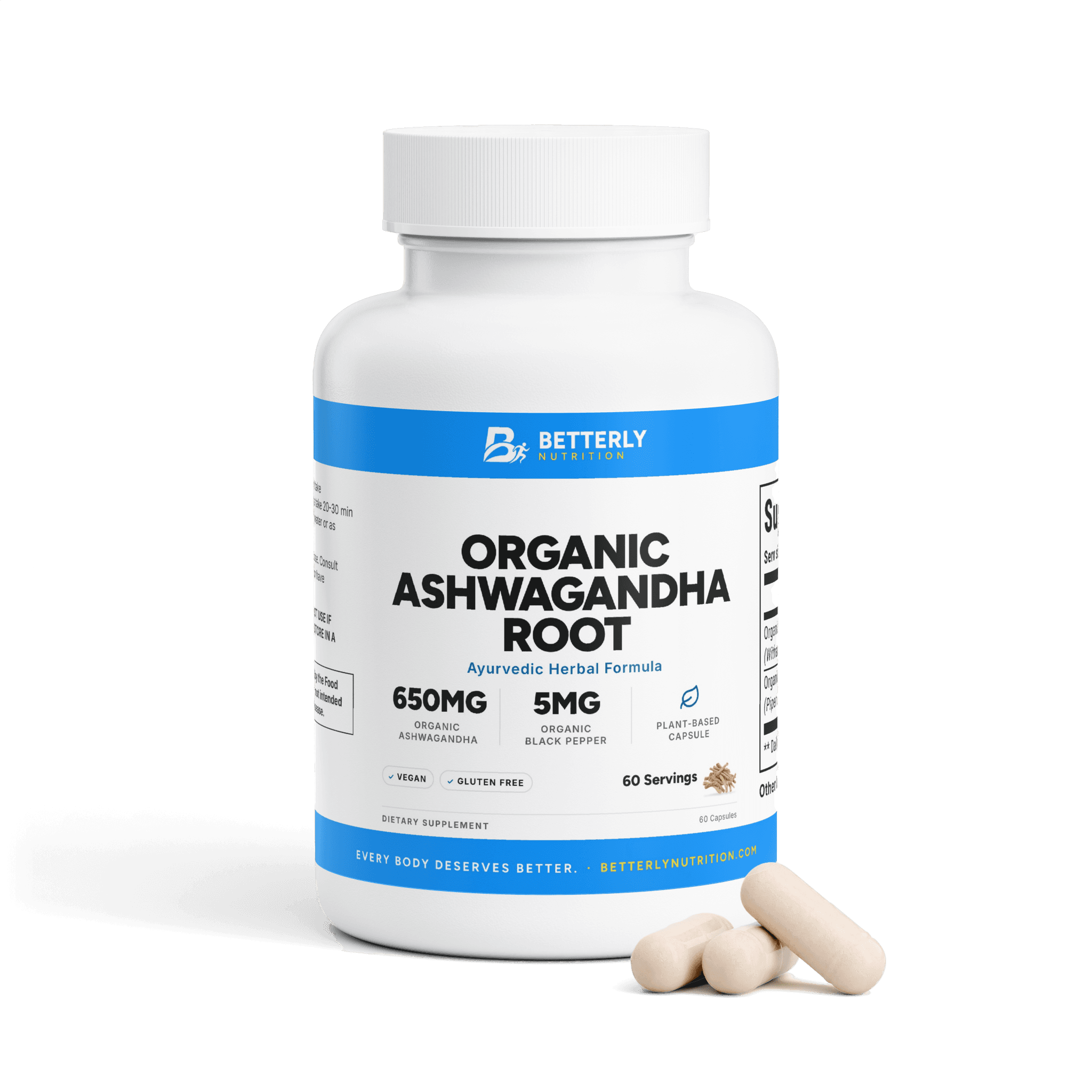 Organic Ashwagandha Root Capsules, front label with the contents beside it