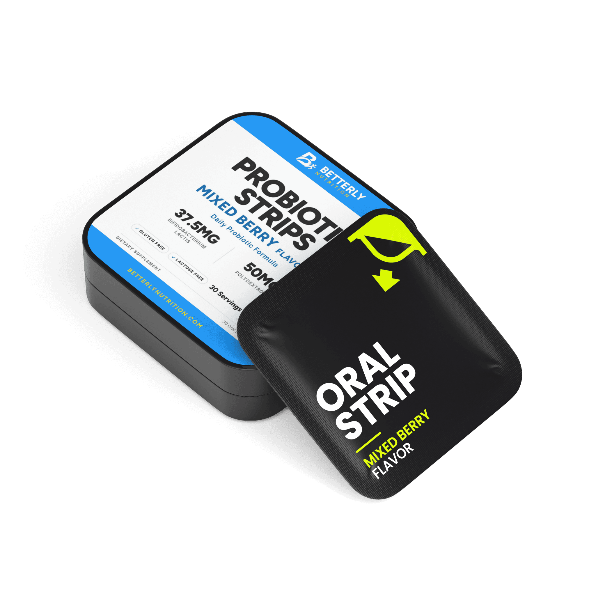 10 Billion CFU Probiotic Strips, front label with the contents beside it