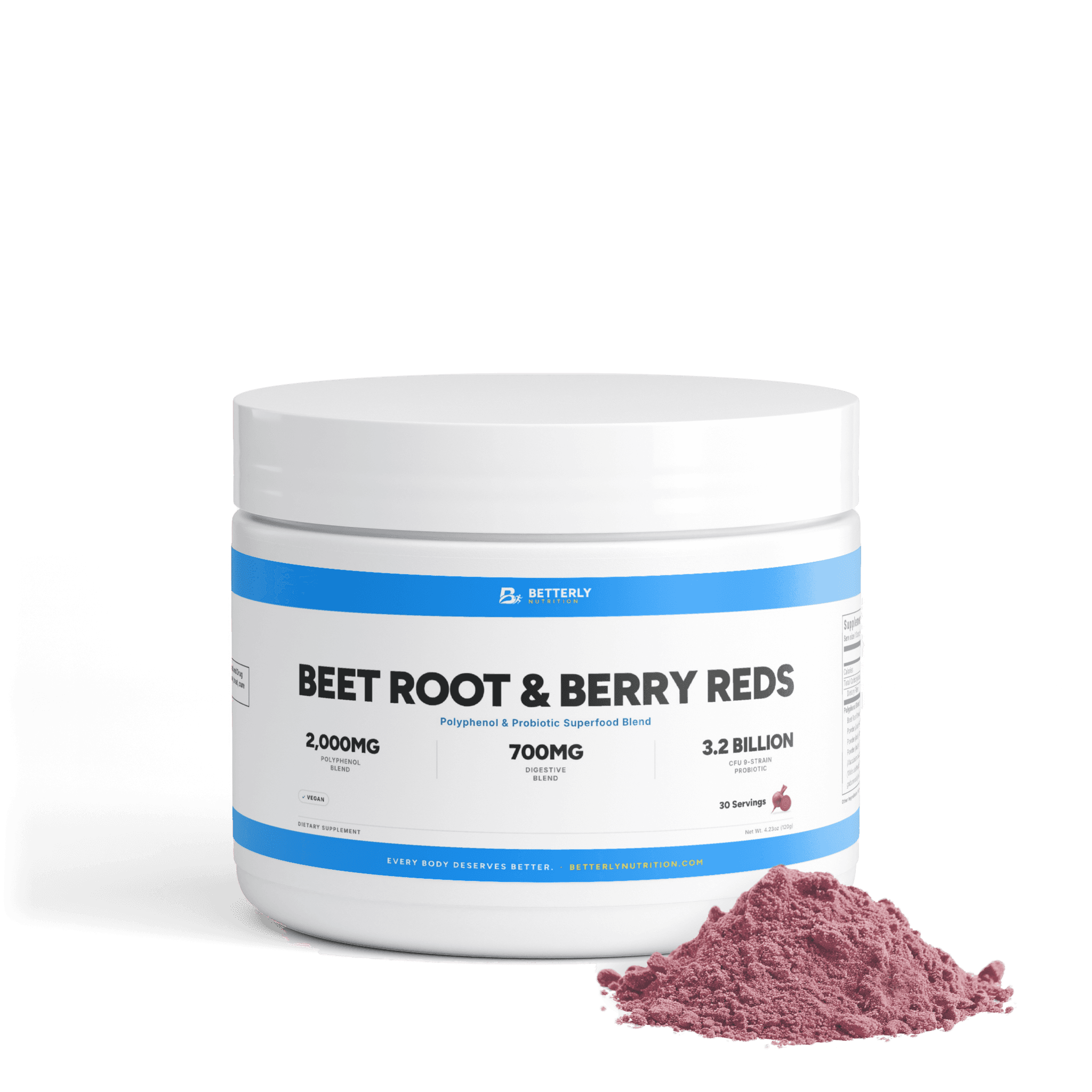 Beet Root & Berry Reds Powder, front label with the contents beside it