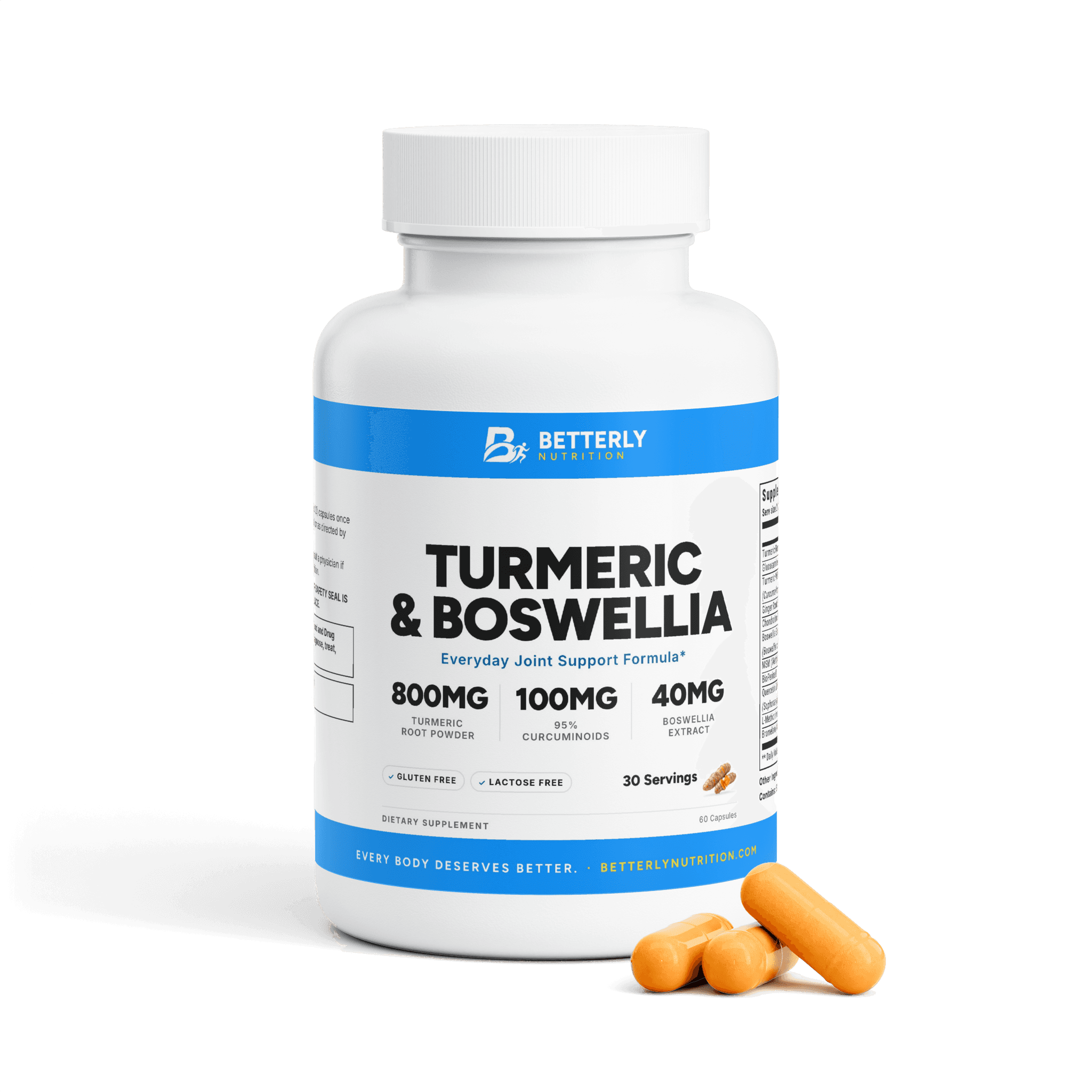 Turmeric Curcumin & Boswellia Capsules, front label with the contents beside it