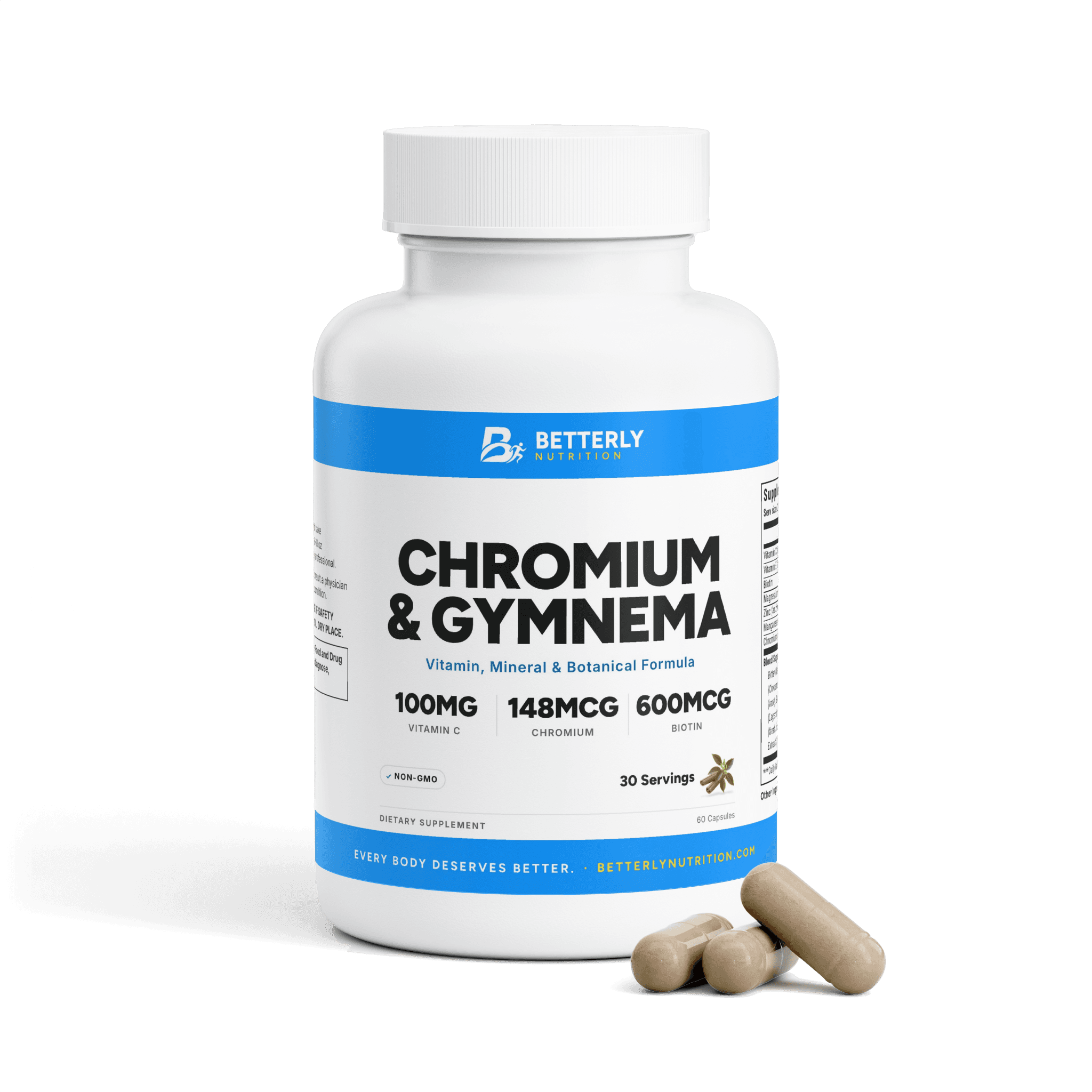 Chromium, Gymnema & Cinnamon Capsules, front label with the contents beside it