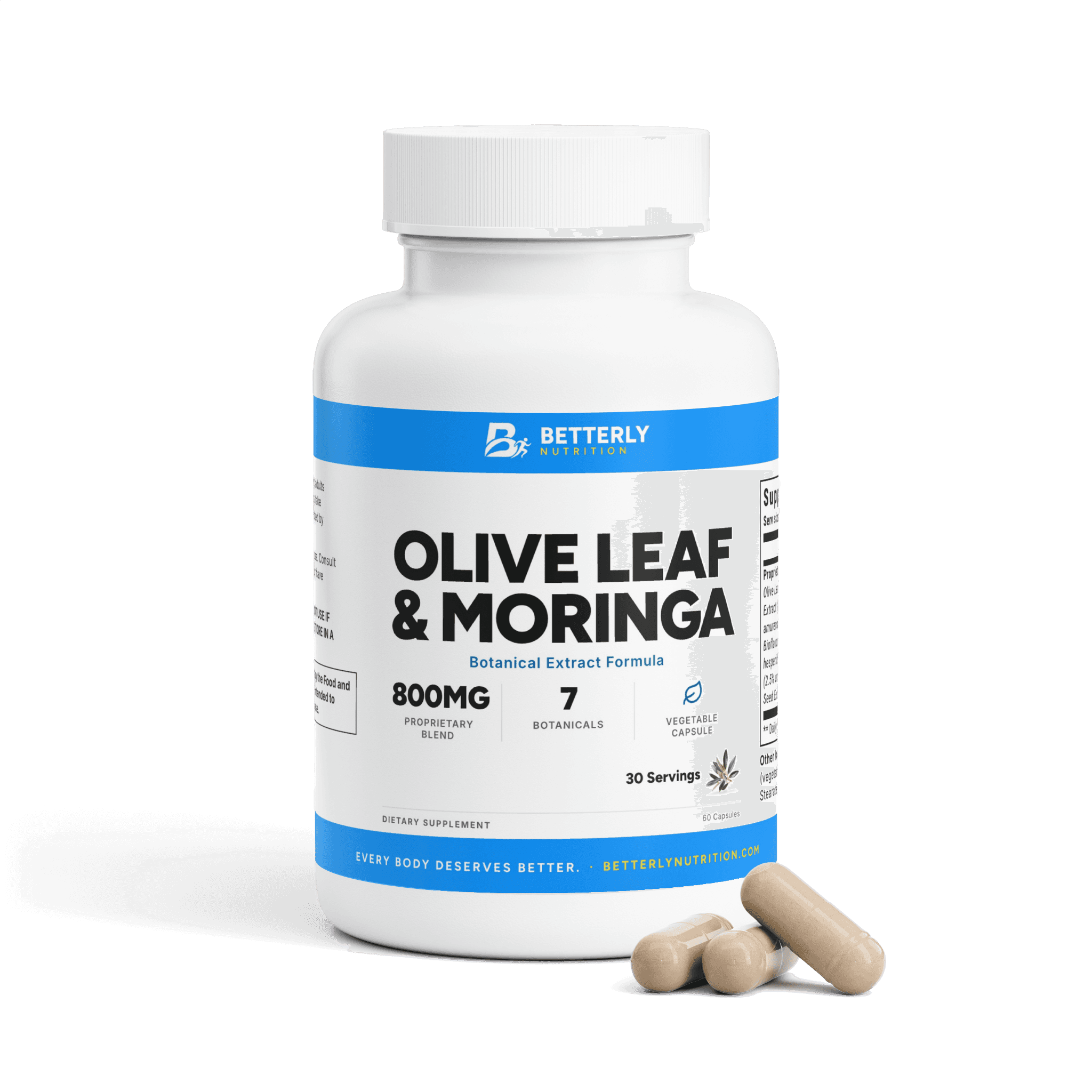 Olive Leaf, Moringa & Holy Basil Capsules, front label with the contents beside it