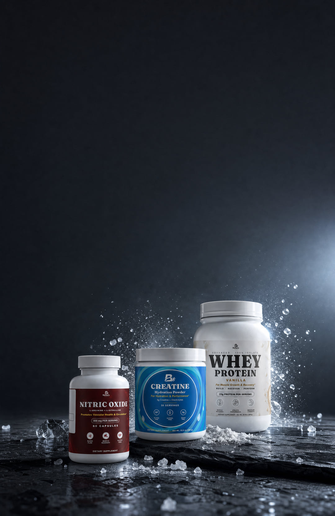 Betterly Whey Protein, Creatine Hydration and Nitric Oxide with water splashes on an electric blue field