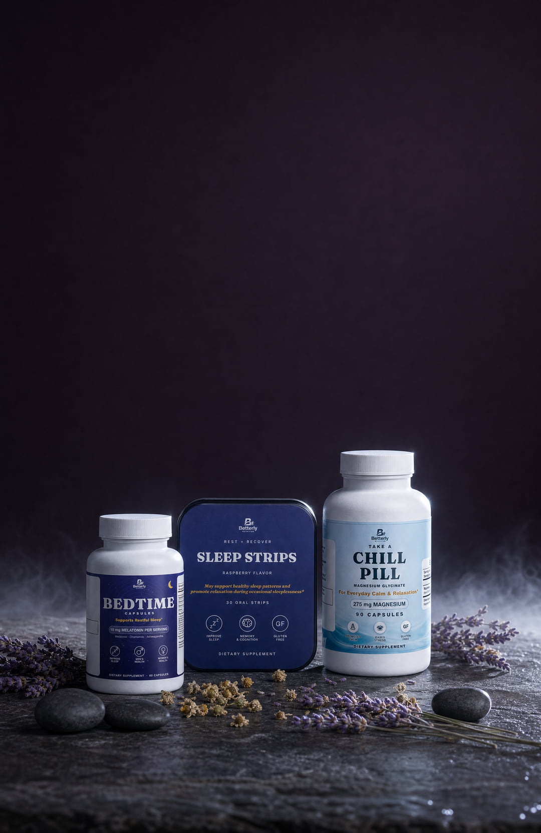 Betterly CHILL PILL magnesium, Sleep Strips tin and BEDTIME capsules under a moonlit night sky